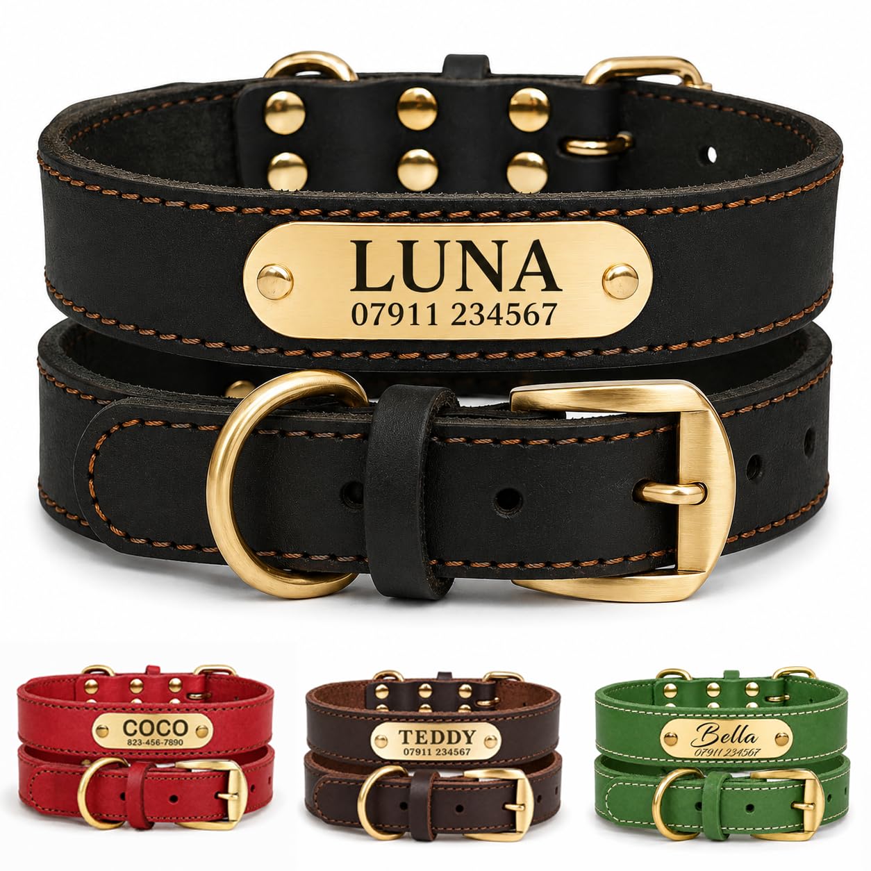 Personalised Genuine Leather Dog Collar with Deep Engraved Name Plate, Custom Pet ID Collar for Cats Small Medium Large Dogs, Name Phone Postcode,Adjustable 6 Sizes 4 Colours, Gift, UK Dispatch