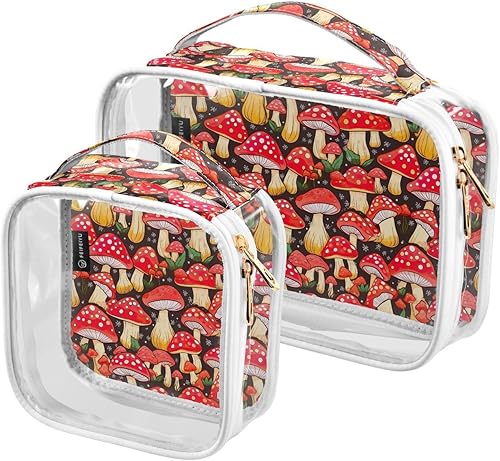 Kawaii Mushroom Clear Toiletry Bag for Traveling,2 Pack Makeup Cosmetic Bag with Zipper,Travel Bag for Toiletries,Travel Essentials 21214525