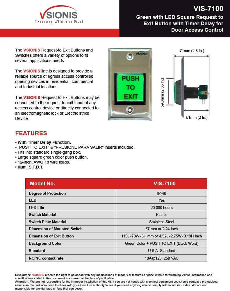 Visionis VIS-7100 Green LED Square Request Push to Exit Button Release with Timer Delay for Door Access Control