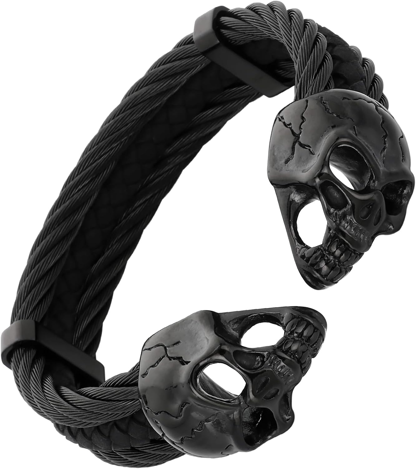Men's Gothic Skull Bracelet Stainless Steel Cable and Leather Punk Silver Black Bangle, Open Cuff Design for Biker Rocker Gothic Jewelry