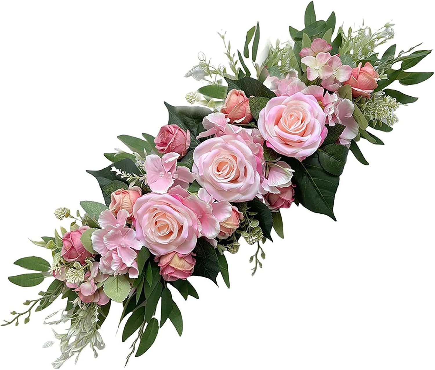 Artificial Flower Swag, 23.6inch Rustic Wedding Arch Flowers, Silk Rose Hydrangea Swag Arch Garland Lintel Floral Decoration with Green Leaves for Wedding Arch Front Door Wall (C)
