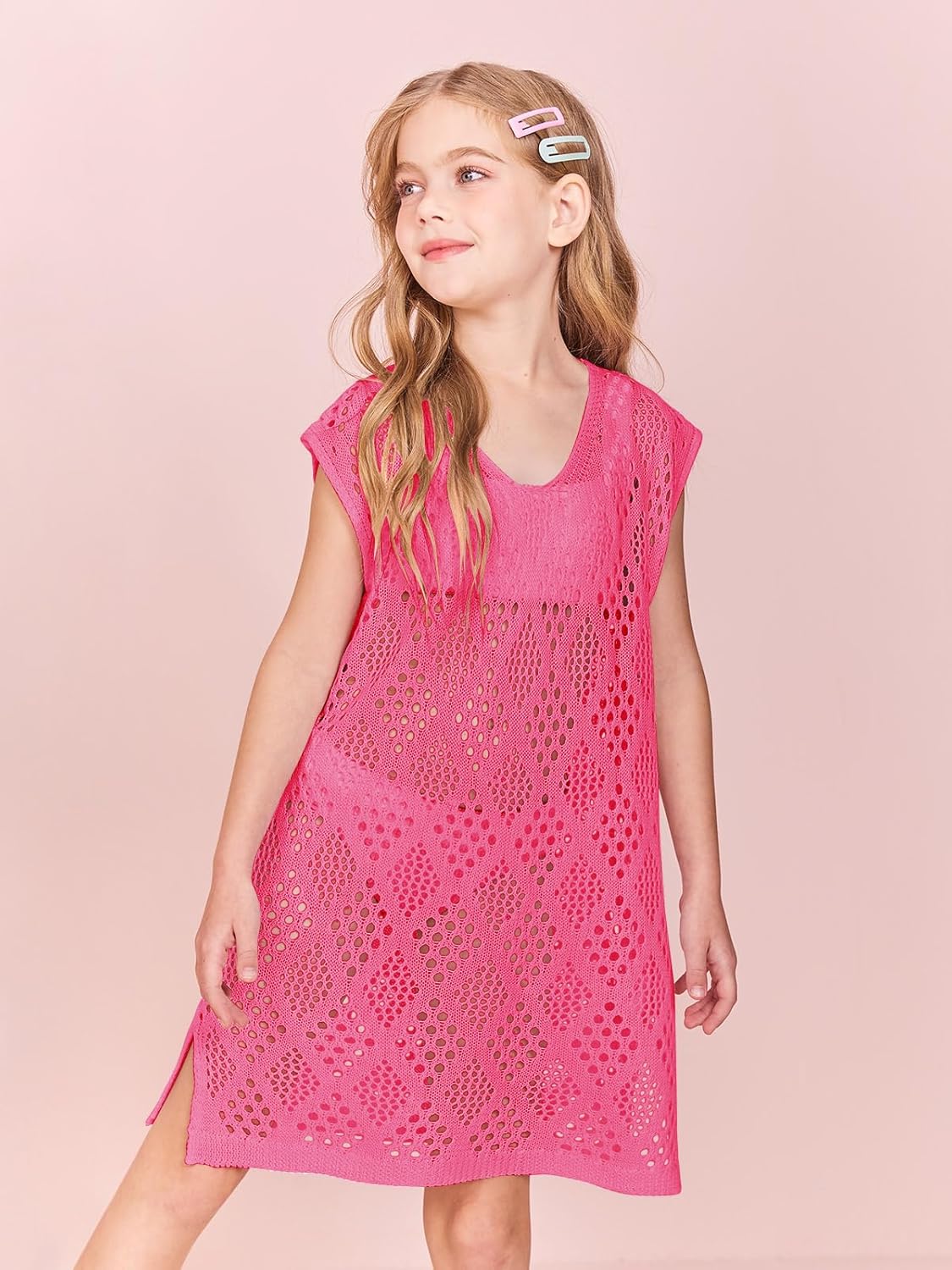 Girls Hollow Out Knitted Swimsuit Cover Up Kids Fashion Split Hem Coverups Beach Dress 7-14 Years Hot Pink 13-14 Years image 5 of 7 B0CXPMHCJV