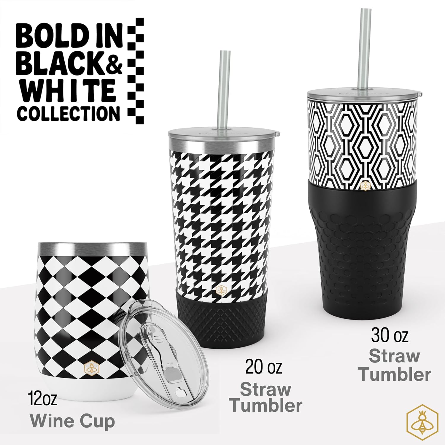 Biddlebee 12 Oz Stainless Steel Wine Tumblers with Slider Lids, 2-Pack – Double Wall Insulated Cups for Wine, Coffee, Cocktails, or Tea – Keeps Drinks Hot or Cold for Hours (Black & White) - Image 6