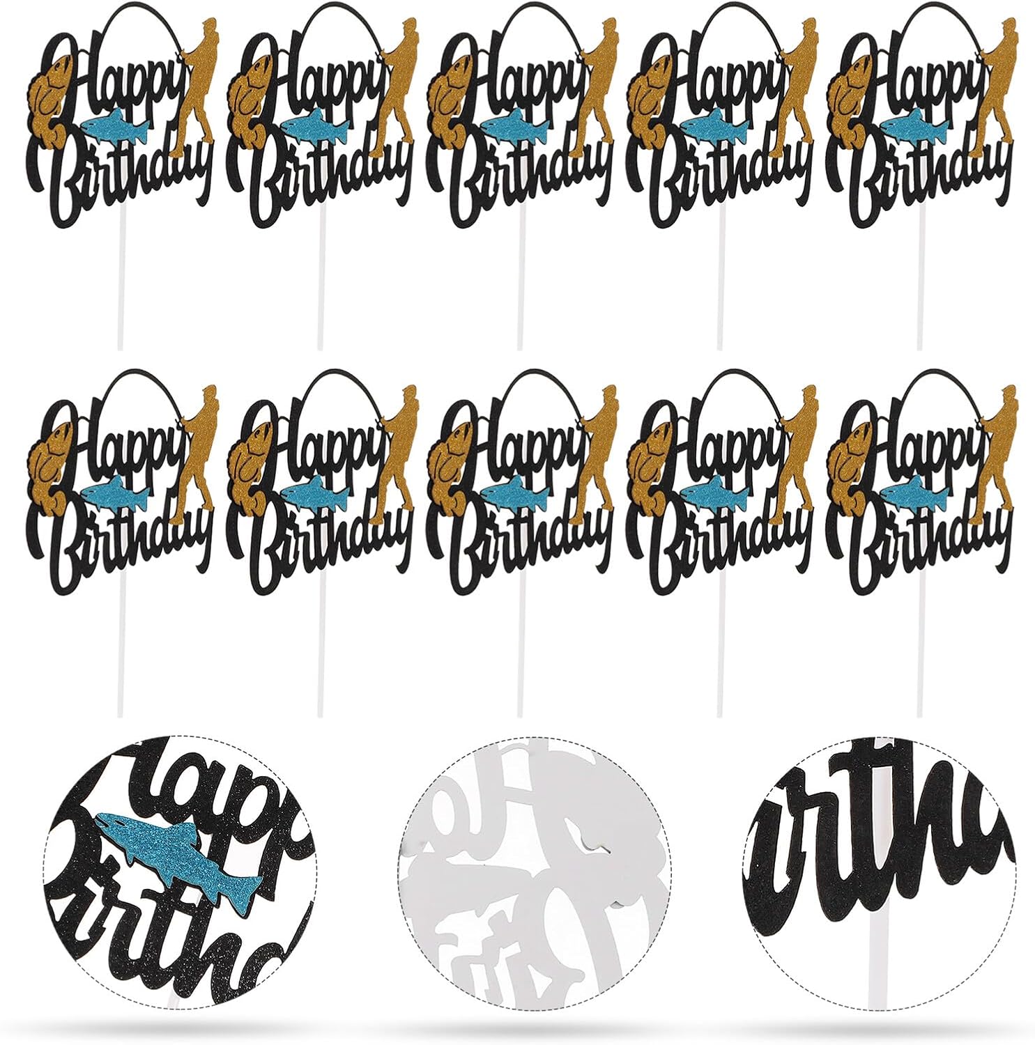 10pcs Fishing Theme Cake Toppers Birthday Party Cake Decorations Men Outdoor Fishing Cupcake Picks Non-edible Paper Decor for Party Favors