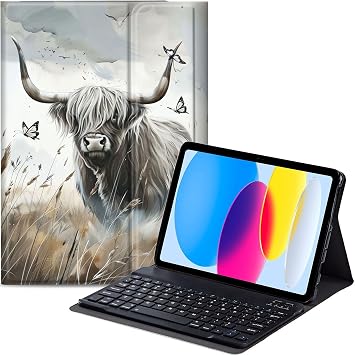 Keyboard Case for iPad A16 11th/10th Generation 11/10.9 Inch, 2025/2022, Detachable Bluetooth Keyboard, Thin & Light Folio Cover, Highland Cow
