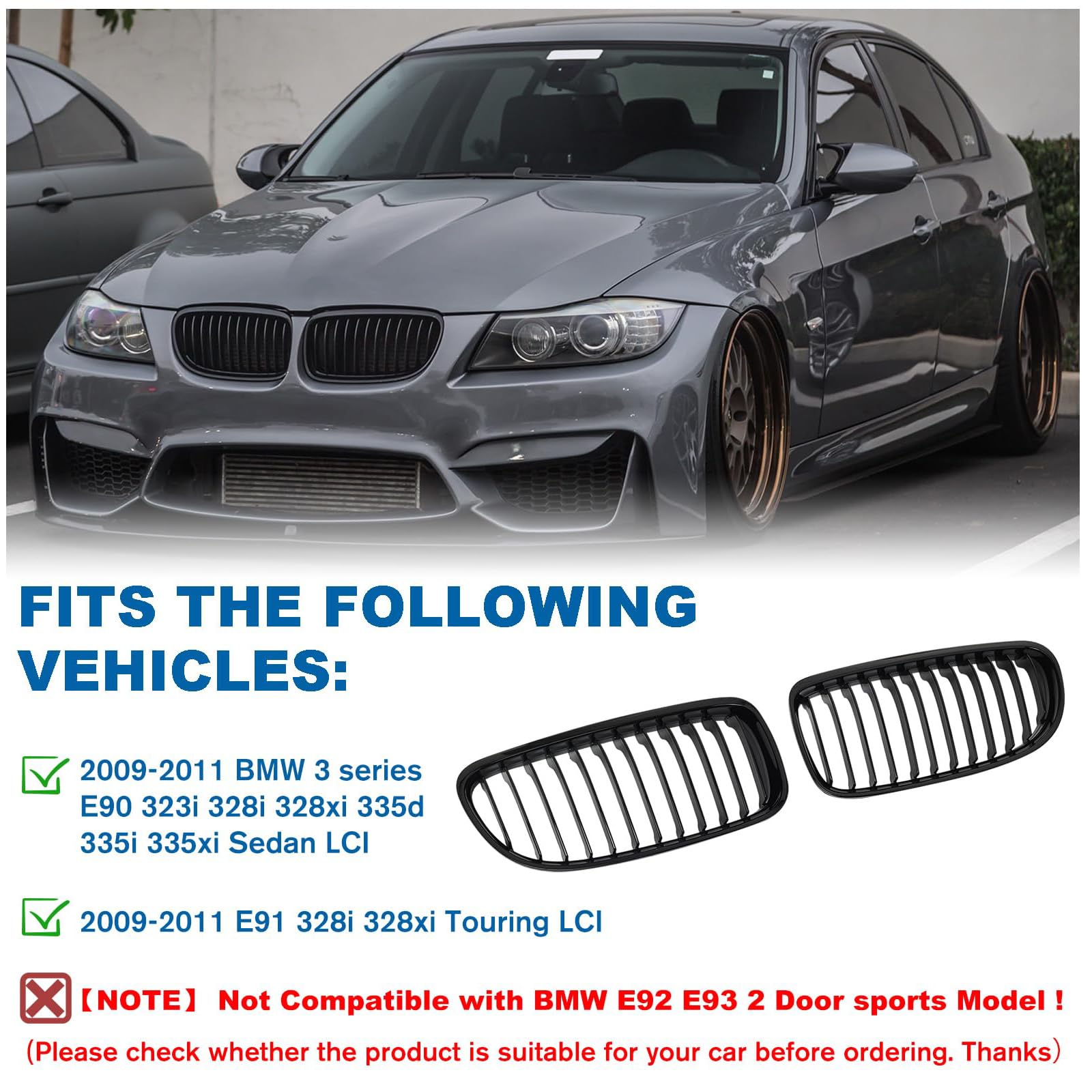 E90 E91 Rejilla De Radiador para BMW Serie 3 E90 E91 Rejilla simple Serie 3 E90 E91 riñones Negro Brillante Touring 2009 2010 2011