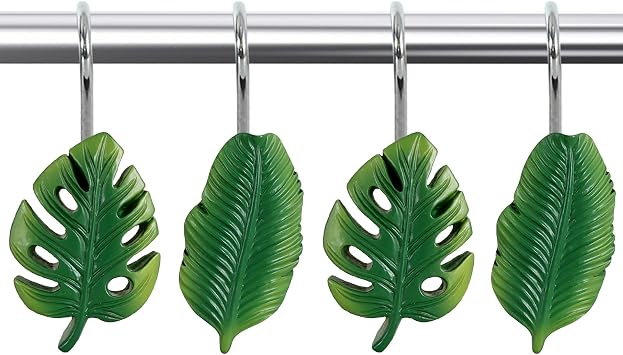 12-Piece Tropical Leaf Green Leaves Shower Curtain Hooks for Bathroom