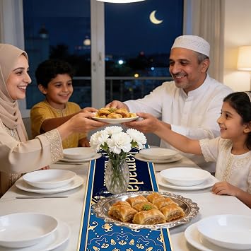 Ramadan Mubarak Table Cloth, Ramadan Mubarak Table Runner, Ramadans Decorations for Home Tables, Navy Blue Gold Tables Cloth Muslim Islam Ramadans Eid Festival Party Form Decorations