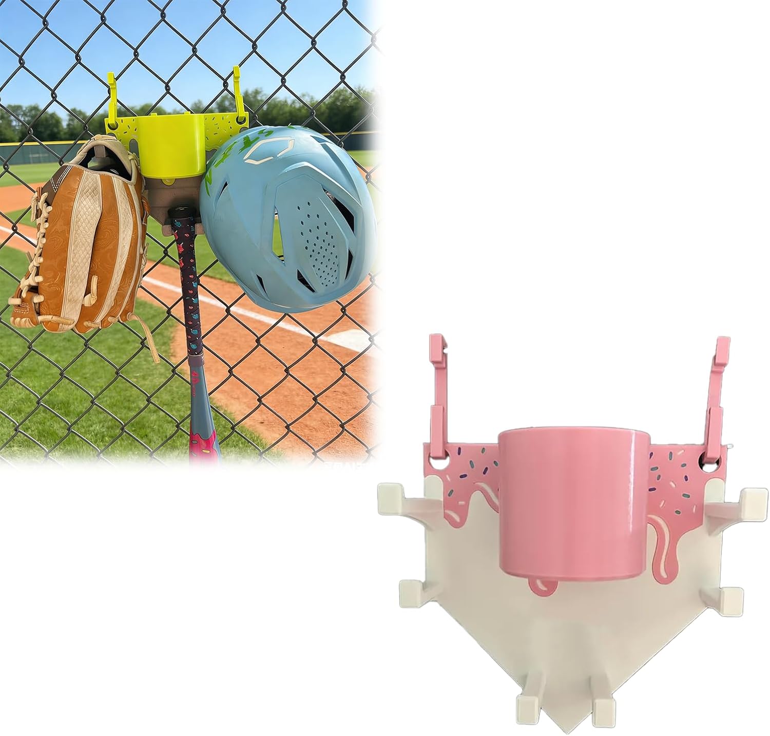 Baseball & Softball Equipment Storage Rack - Removable 24oz Cup Holder Compatible with Owala,Gatorade - Hang Baseball Bats, Gloves And Helmets (pink)