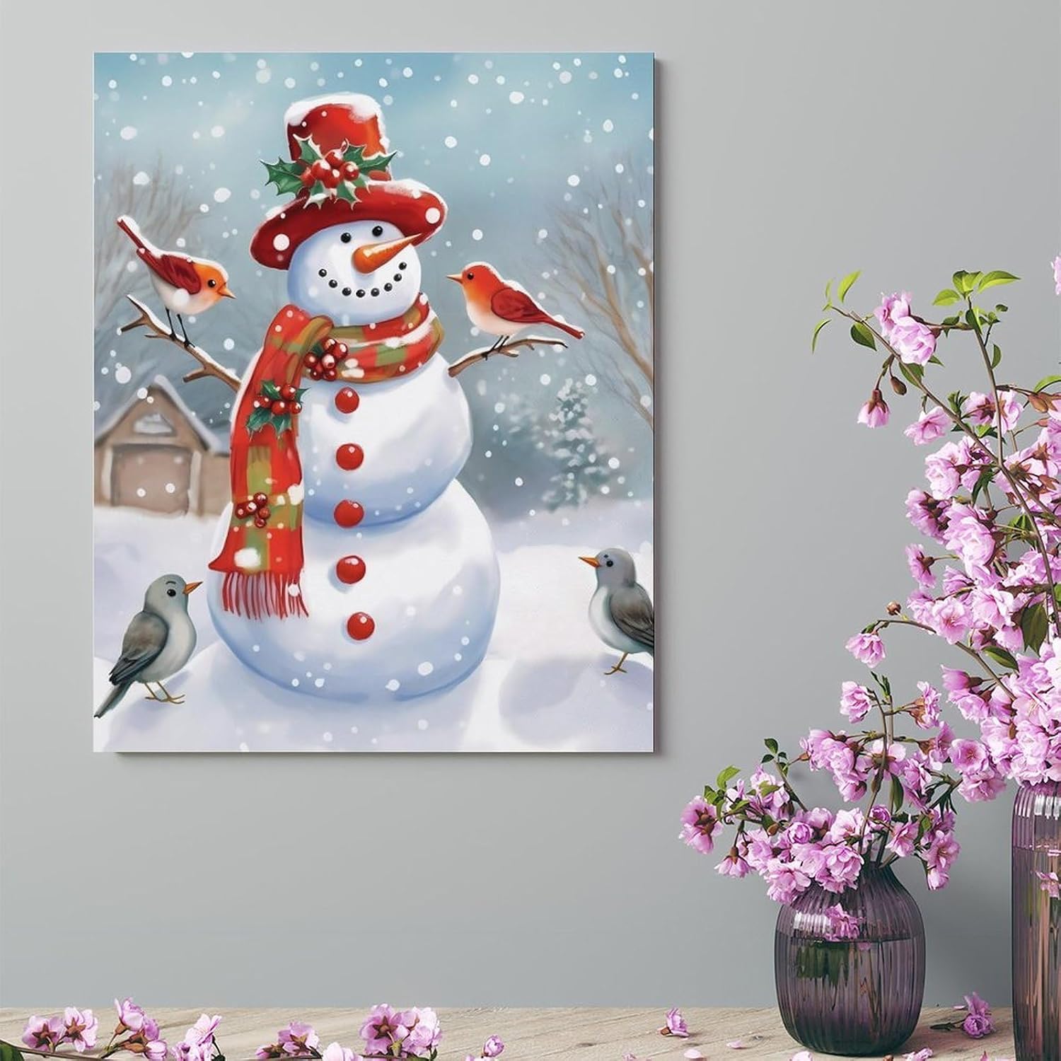Christmas Snow Man And Birds Wall Art Decor for Home, Canvas Framed Painting for Bedroom, Lightweight Picture for Office Decor, Personalized Artwork Poster for Bathroom 16x20inch(41x51cm)