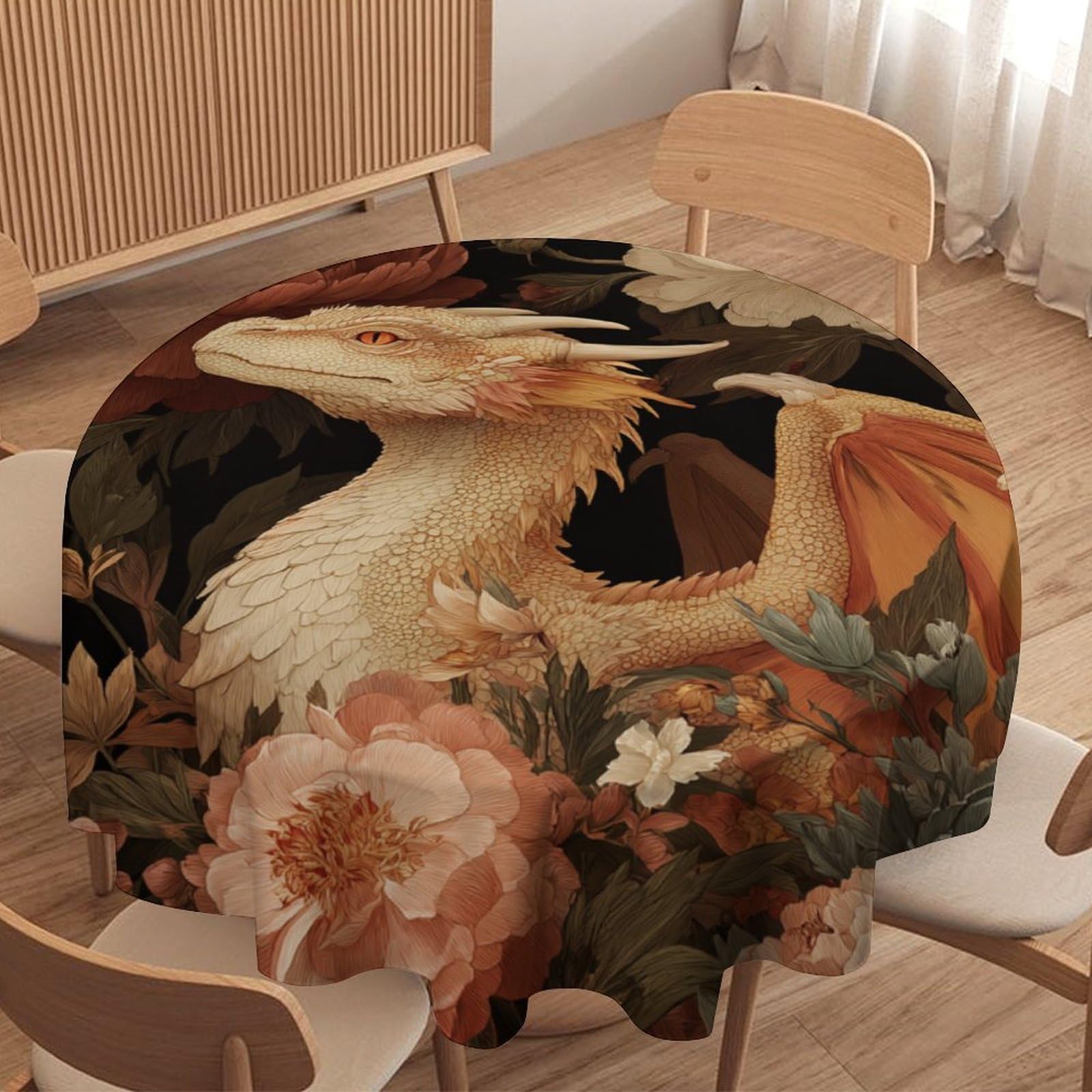LUYYSKY Romantic Classic Cute Dragon Waterproof Round Tablecloth Vintage Oil Painting Fantasy Animal Dragons Plants Floral Print Washable Table Cover for Kitchen-91.4" Wx91.4 L cm