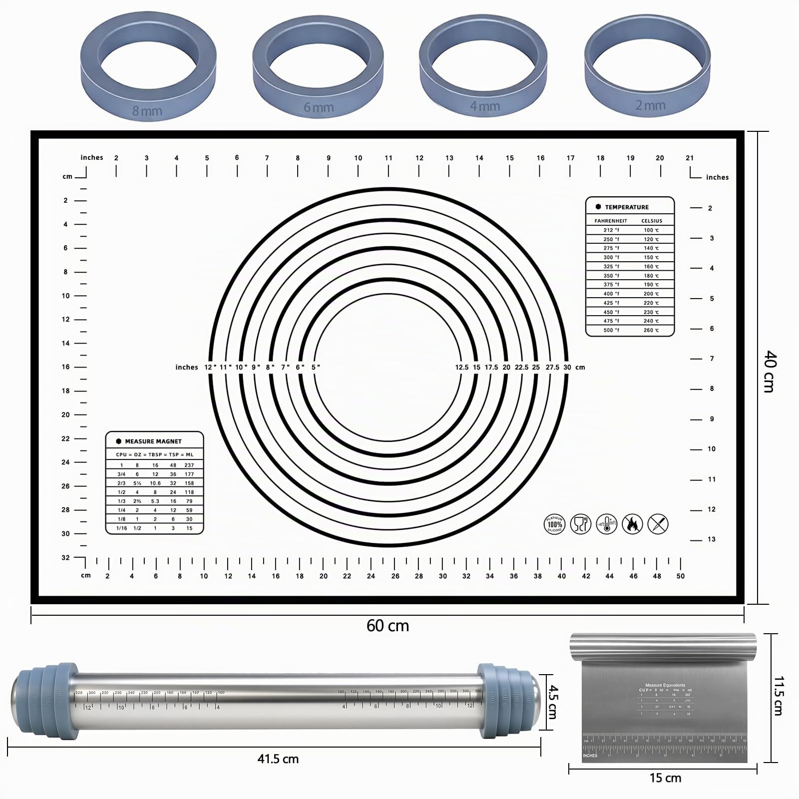 Rouleau a Patisserie en Acier Inoxydable avec 4 Tailles Anneau Réglable - Laminoir Pâtisserie 42 cm, Antiadhésif, Tapis et Grattoir à Pâte, Tous avec Marqueurs de Graduation, Pour Pizza, Pâte, Biscuit