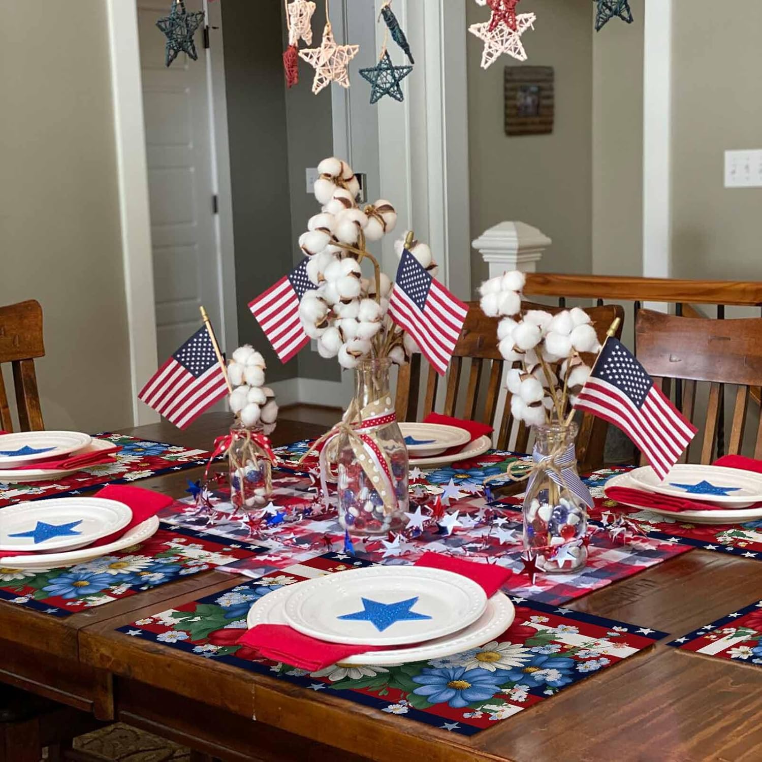 American Flag Blue Stars 4th of July Placemats Set of 12 13x19 Inch Memorial Day Table Mats Patriotic Memorial Day Independence Day Holiday Kitchen Dining Home Outdoor Party Table Decoration