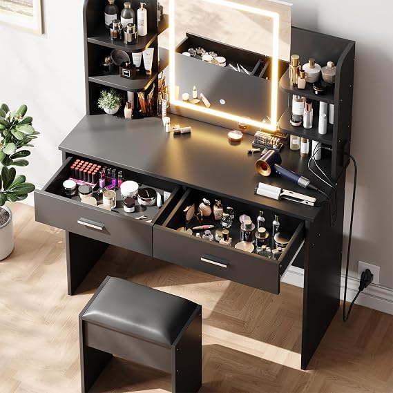 Makeup Vanity Desk with Mirror and LED Lights, Makeup Vanity Set with Power Outlet, Cushioned Stool, 3 Adjustable Light Colors, Dressing Table with 2 Drawers and 6 Storage Shelves for Bedroom, Black