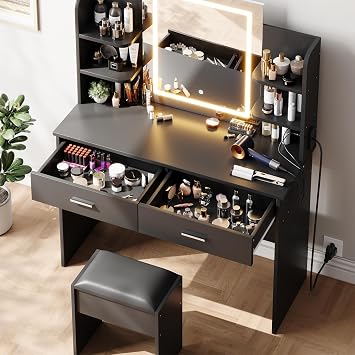 Makeup Vanity Desk with Mirror and LED Lights, Makeup Vanity Set with Power Outlet, Cushioned Stool, 3 Adjustable Light Colors, Dressing Table with 2 Drawers and 6 Storage Shelves for Bedroom, Black