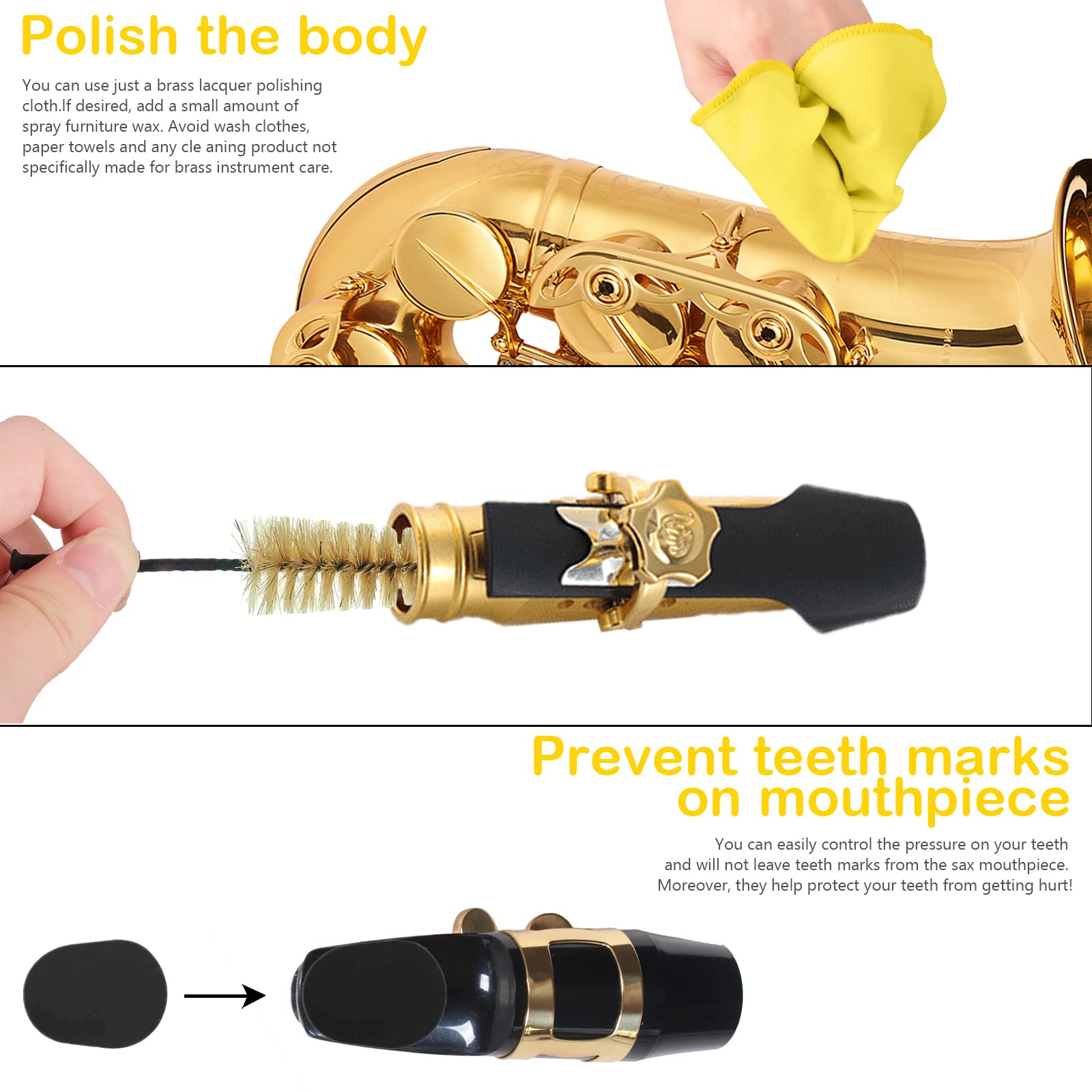 Saxophon-Reinigungsset mit Etui für Saxophon- und Klarinettenflöte, Trompeten-Instrumente, 8-teiliges Saxophon-Mundstückkissen, Mundstückbürste, Mikrofaser-Reinigungstuch (gelb)