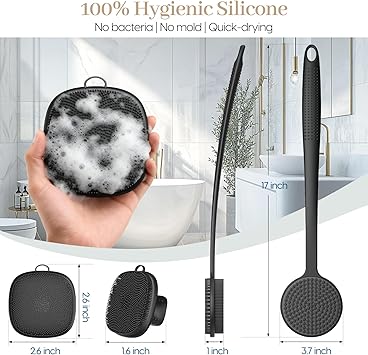Back Scrubber for Shower & Face Scrubber, 2Pcs Silicone Exfoliating Brush Set with 17In Long Handle, Soft Body & Facial Cleansing Scrubber for Men Women