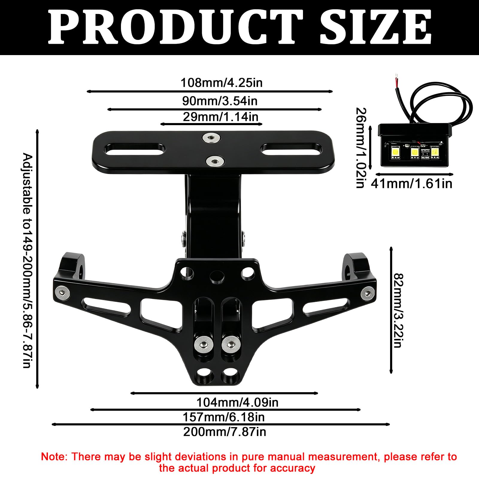 Portatarga moto, portatarga regolabile con luce LED, portatarga moto universale, supporto eliminatore parafango per la maggior parte dei modelli di moto più diffusi, nero