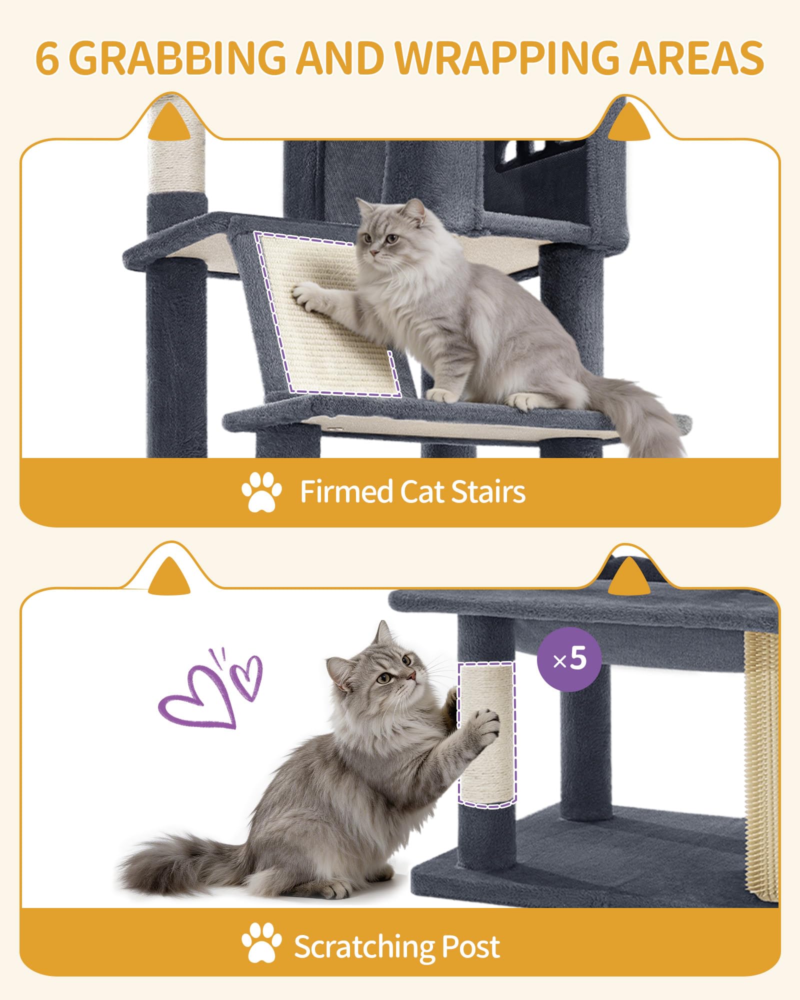 Hzuaneri Árbol para Gatos Grande, Torre para Gatos de Interior 213 cm con 2 Plataformas Grandes, 2 Cuevas, 2 Cestas, Hamaca y 5 Postes Rascadores, para Todas Las Razas, Gris Oscuro, MS21318SG