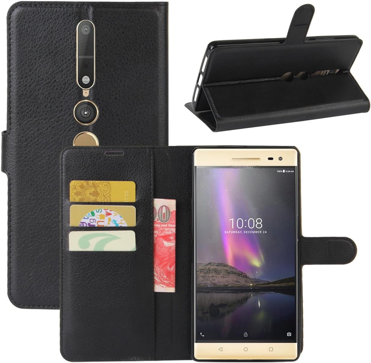 HualuBro Lenovo Phab 2 Pro Case, Premium PU Leather Wallet Flip Phone Protective Case Cover with Card Slots for Lenovo Phab 2 Pro 6.4 Inch Smartphone (Black)