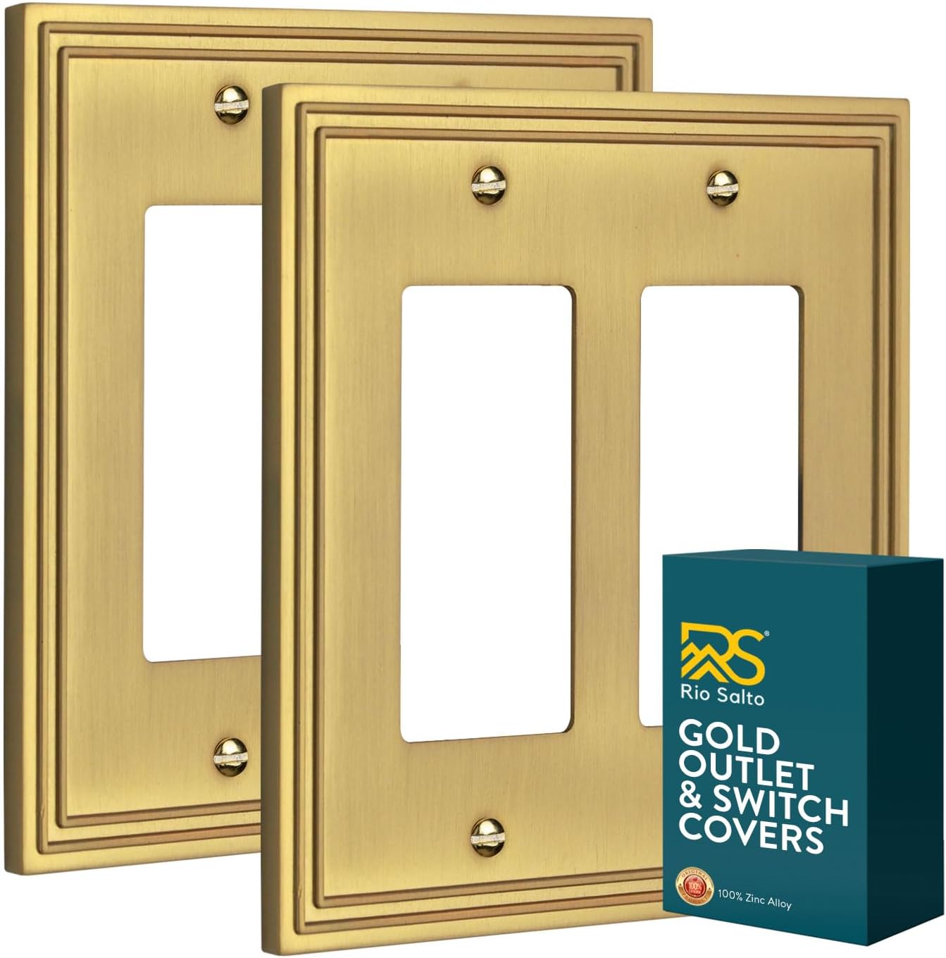 Rio Salto Imperial Collection Metal Double Rocker Gold Light Switch Cover Plate Outlet Covers Gold Decorative Wall Plates 2 Rockers 2-Gang Brushed Brass 2 Pack Medium Size 5" x 5"
