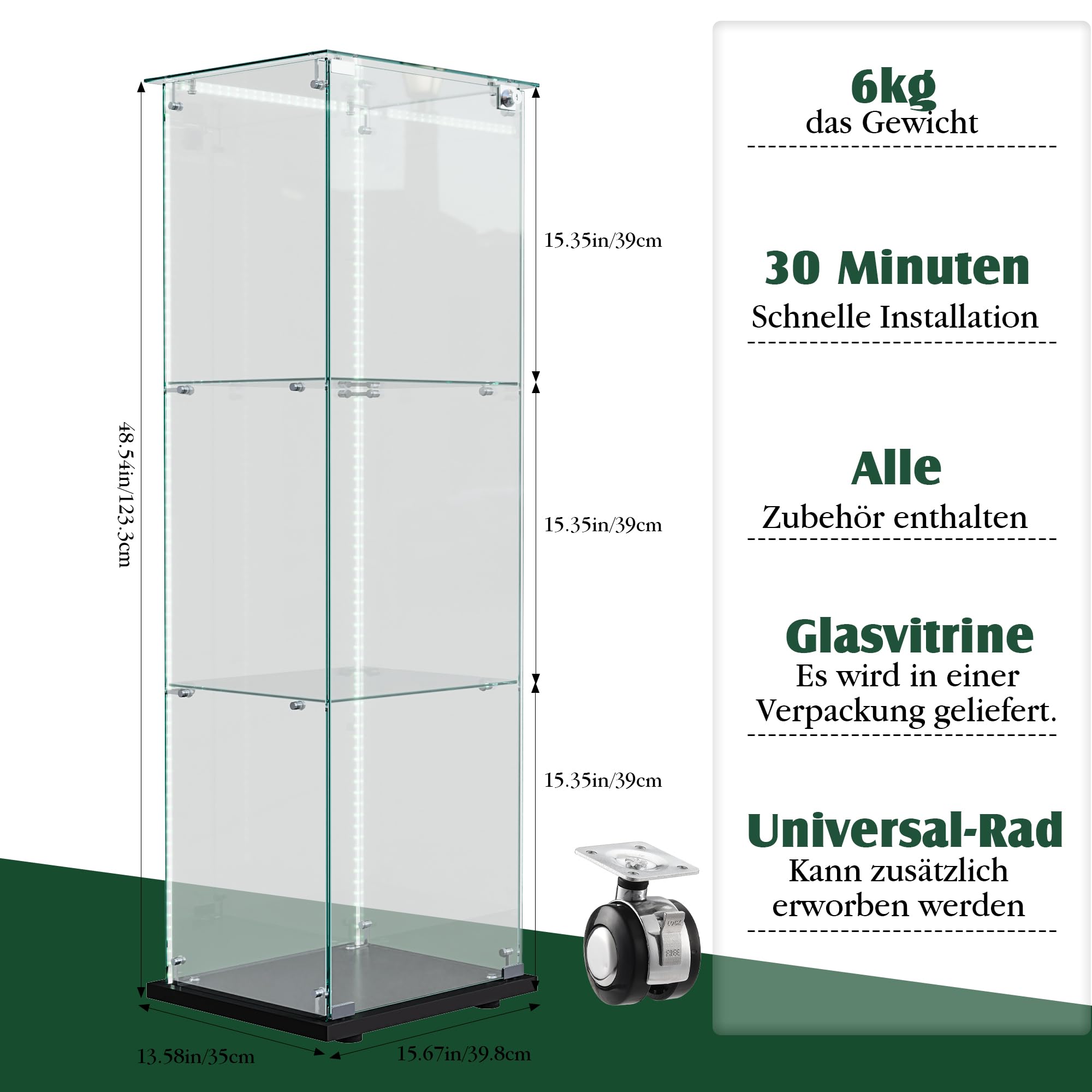 Vetrina espositrice per collezioni grande, vetrina in vetro con luce 123,3 x 35 x 39,8 cm Vetrina espositrice con LED 1 ante 3 ripiani vetrina espositoria trasparente (1anta 3piano, nero A)