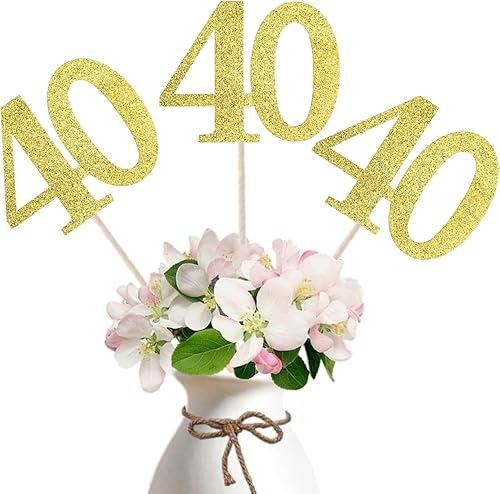 Miniatura 1 de Paquete de 10 palos de centro de mesa de aniversario con purpurina de doble cara con 40  cumpleaños, decoración de mesa número 40 para decoración de