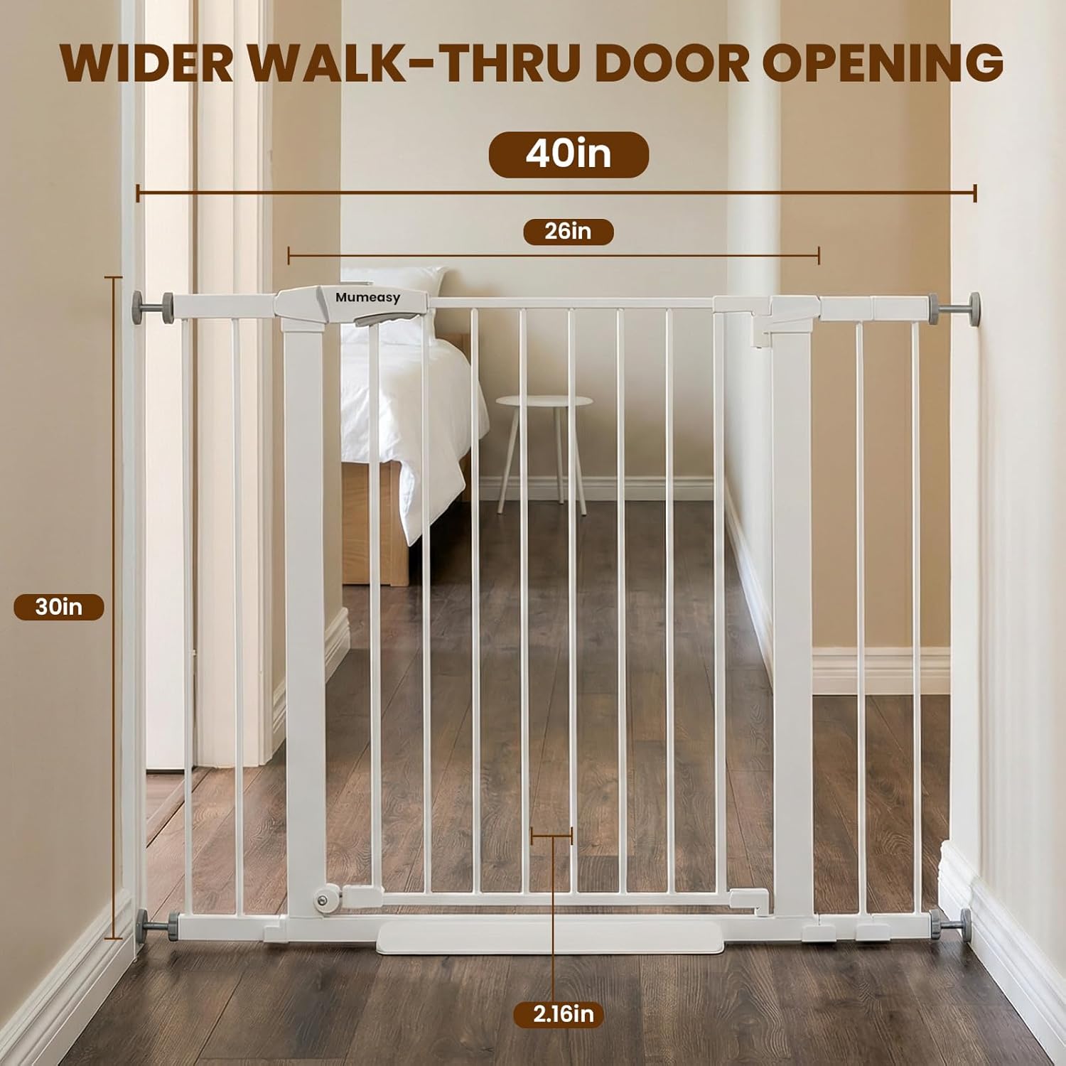 Baby Gate with Door, 26-40" Auto Close Dog Gate Indoor for Stairs Doorways, Easy Install Pressure Mounted Pet Gate, Easy Walk Through Child Safety Gate for the House, White