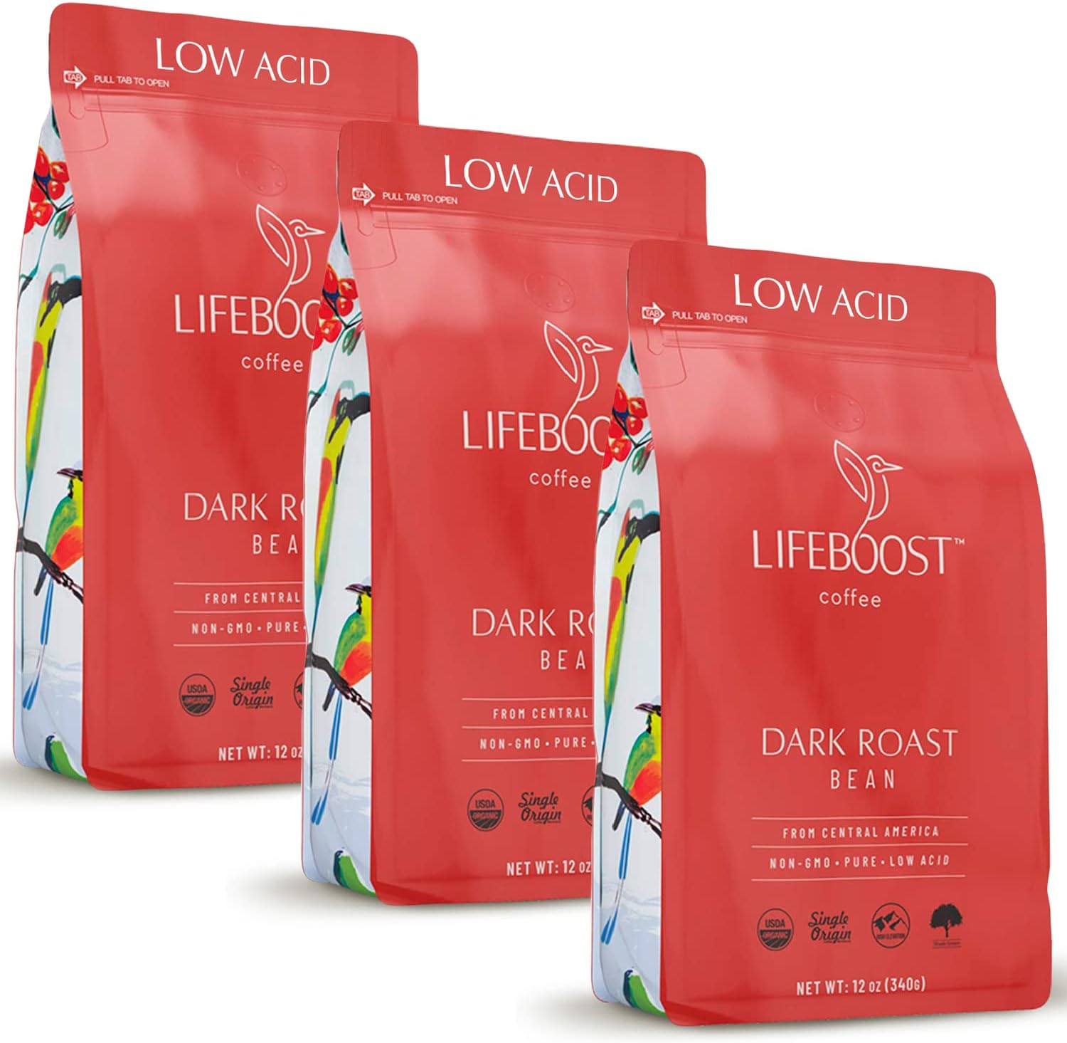Dark Roast Whole Bean Coffee - Low Acid Organic Coffee, Non-GMO, USDA Organic, Single Origin, Third-Party Tested for Mycotoxins & Pesticides - 12 oz, Pack of 3
