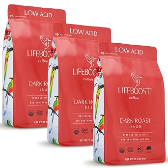 قهوة Lifeboost Dark Roast الكاملة - قهوة عضوية منخفضة الحموضة، غير معدلة وراثيًا، عضوية من وزارة الزراعة الأمريكية، من أصل واحد، تم اختبارها من قبل طرف ثالث بحثًا عن السموم الفطرية والمبيدات الحشرية - 12 أونصة، عبوة من 3 قطع