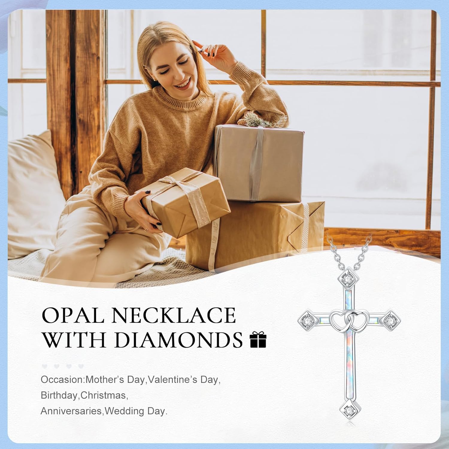 925 Sterling Silver Opal with Genuine Diamond Necklace for Women Dainty Cross Opal Pendant Necklace Birthday Valentine's Day Jewelry Gifts for Mother Friends - Image 4