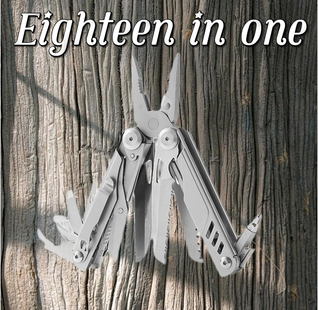 18-in-1Multitool，with Replaceable Wire Cutters and Saw，Foldable & Self-Locking，Set and Nylon Sheath for Camping Survival multi tool for Man