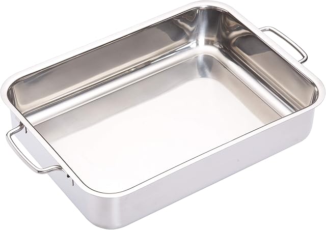 MasterClass Deep Stainless Steel Roasting Tin with Folding Handles and Hob Compatible Design, 32 x 23 x 6.5 cm, Silver