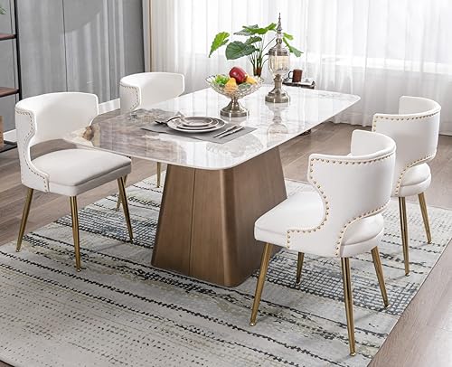 Miniatura 5 de EALSON Juego de 2 sillas de comedor tapizadas de lino, modernas de mediados de siglo, con patas de madera, adornos de cabeza de clavo, sillas de