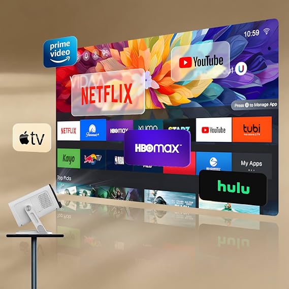 Mini Projector with WIFI 6 and Bluetooth 5.4, Smart Portable Projector Supports 4K 1080P, projector for bedroom with Auto Keystone, Movie Projector with 180° Adjustable Stand.