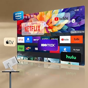 Mini Projector with WIFI 6 and Bluetooth 5.4, Smart Portable Projector Supports 4K 1080P, projector for bedroom with Auto Keystone, Movie Projector with 180° Adjustable Stand.