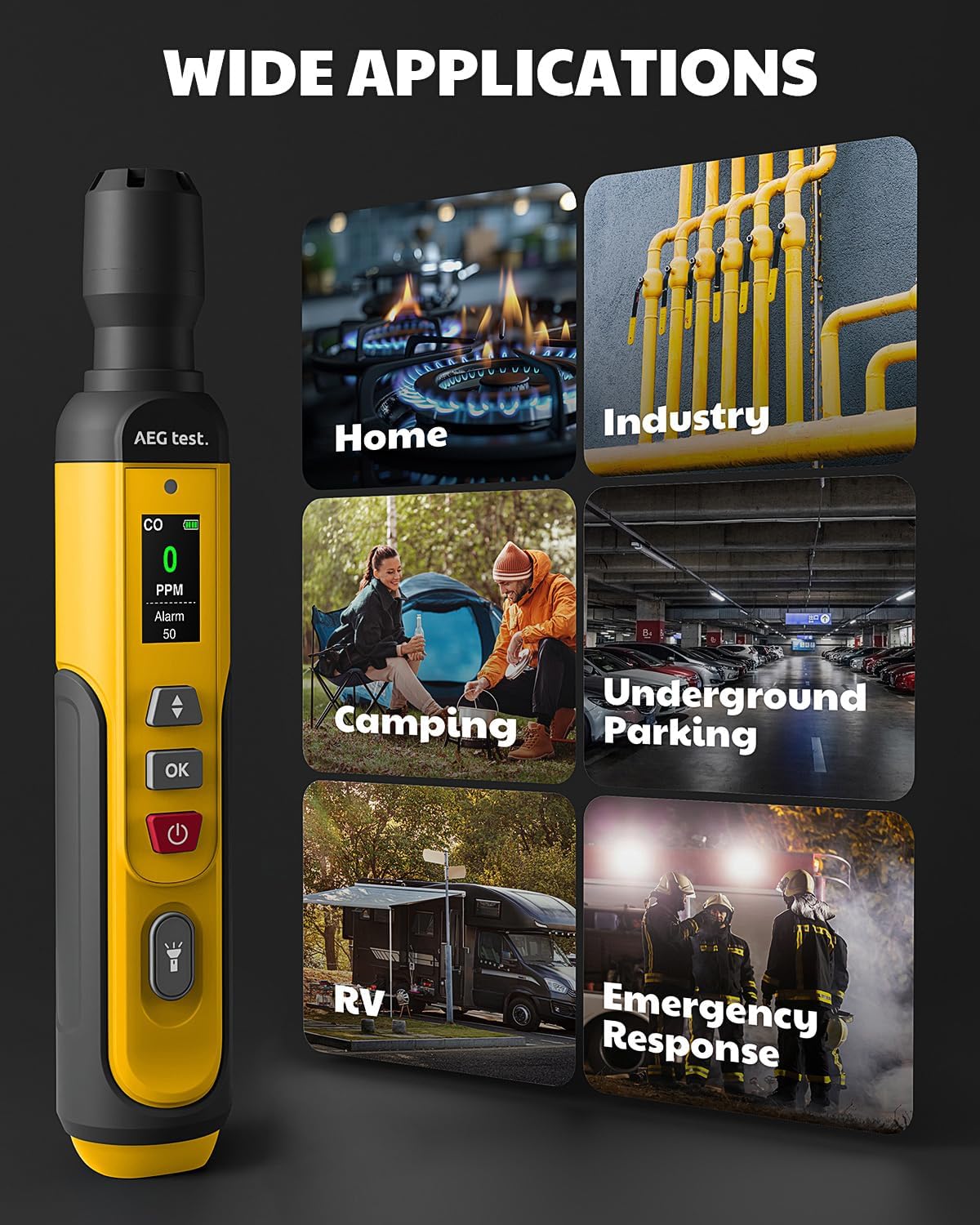 AGT-2459 Portable Carbon Monoxide Detector – Rechargeable, 0~1000PPM CO Detection with Visual & Audible Alarms, TFT Color Display for Home, Travel, Industrial, and Mobile Use – Yellow