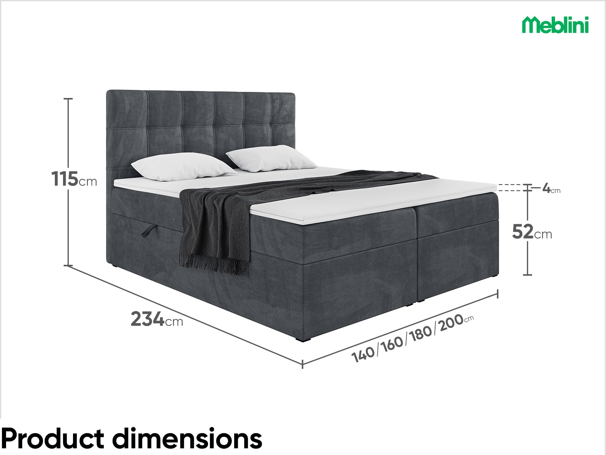 MEBLINI Boxspringbett mit Bettkasten - 140x220 - H4/Dunkelgrau Samt - Kai - Gepolstert Doppelbett mit Matratze und Topper - Polsterbett mit Stauraum - Bett mit Kopfteil - Stauraumbett