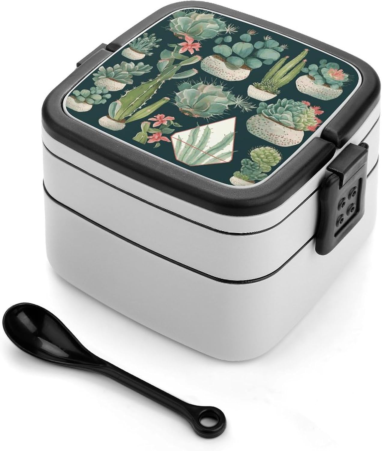 Bento Box with Spoon And Handle Succulent Plants And Green Printed Stackable Bento Box Portable Bento Lunch Box Container for Work Camping And Travel