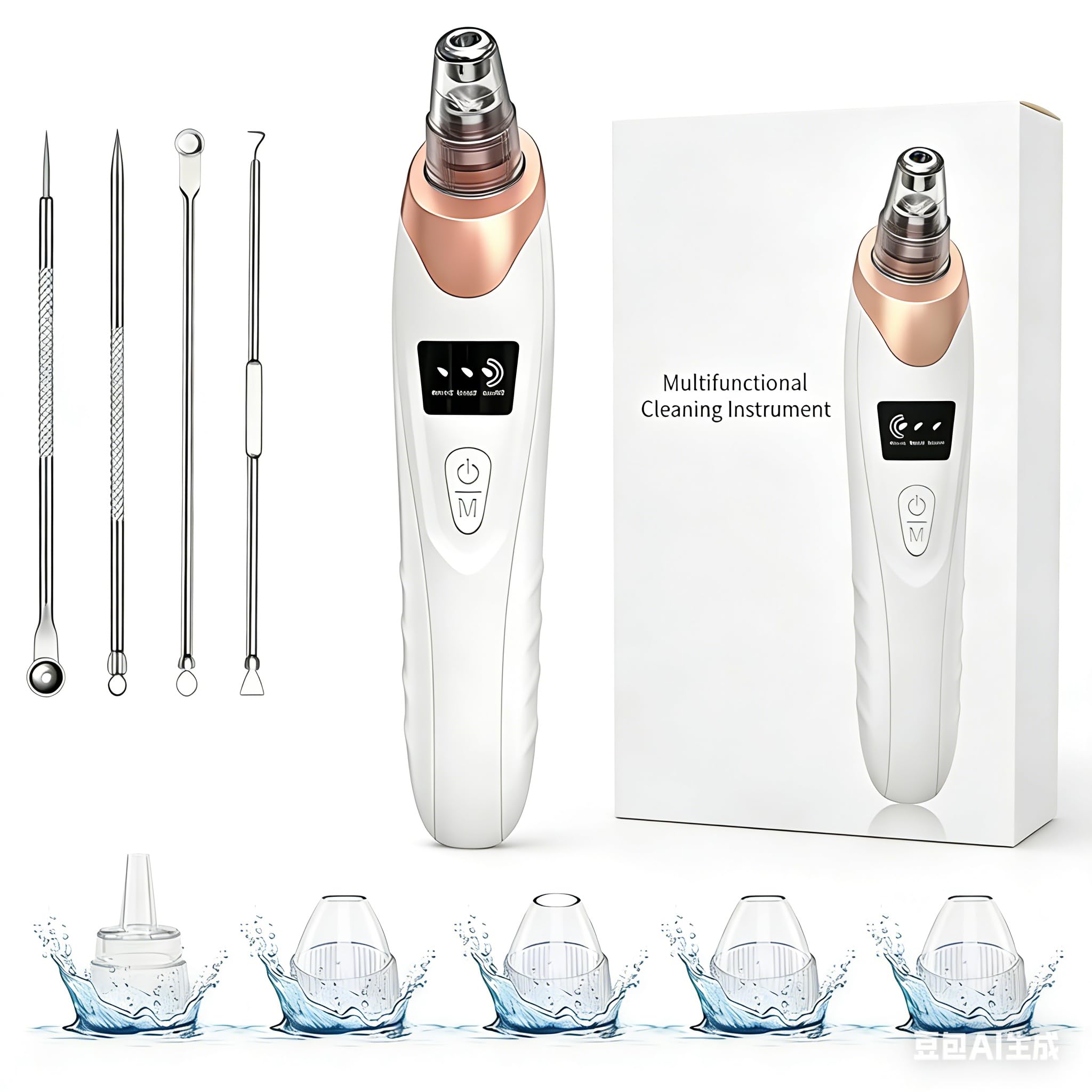 Extracteur de points noirs professionnel pour le visage avec 3 niveaux d'aspiration réglables, nettoyeur de pores rechargeable par USB et 5 sondes interchangeables (blanc cassé)