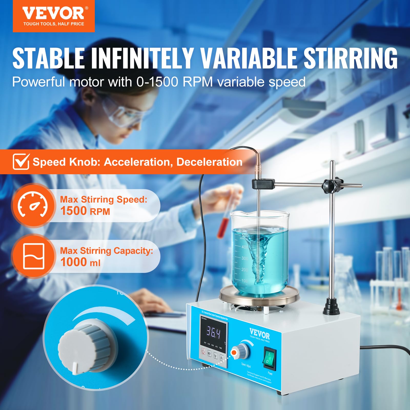 VEVOR Agitatore Magnetico con Piastra Riscaldante, Kit di Agitazione da 1000 ml con Manopola di Velocità Regolabile, Piastra di Agitazione con Potenza Riscaldante 1500 RPM 250 W Max 99,9 °C Bianco