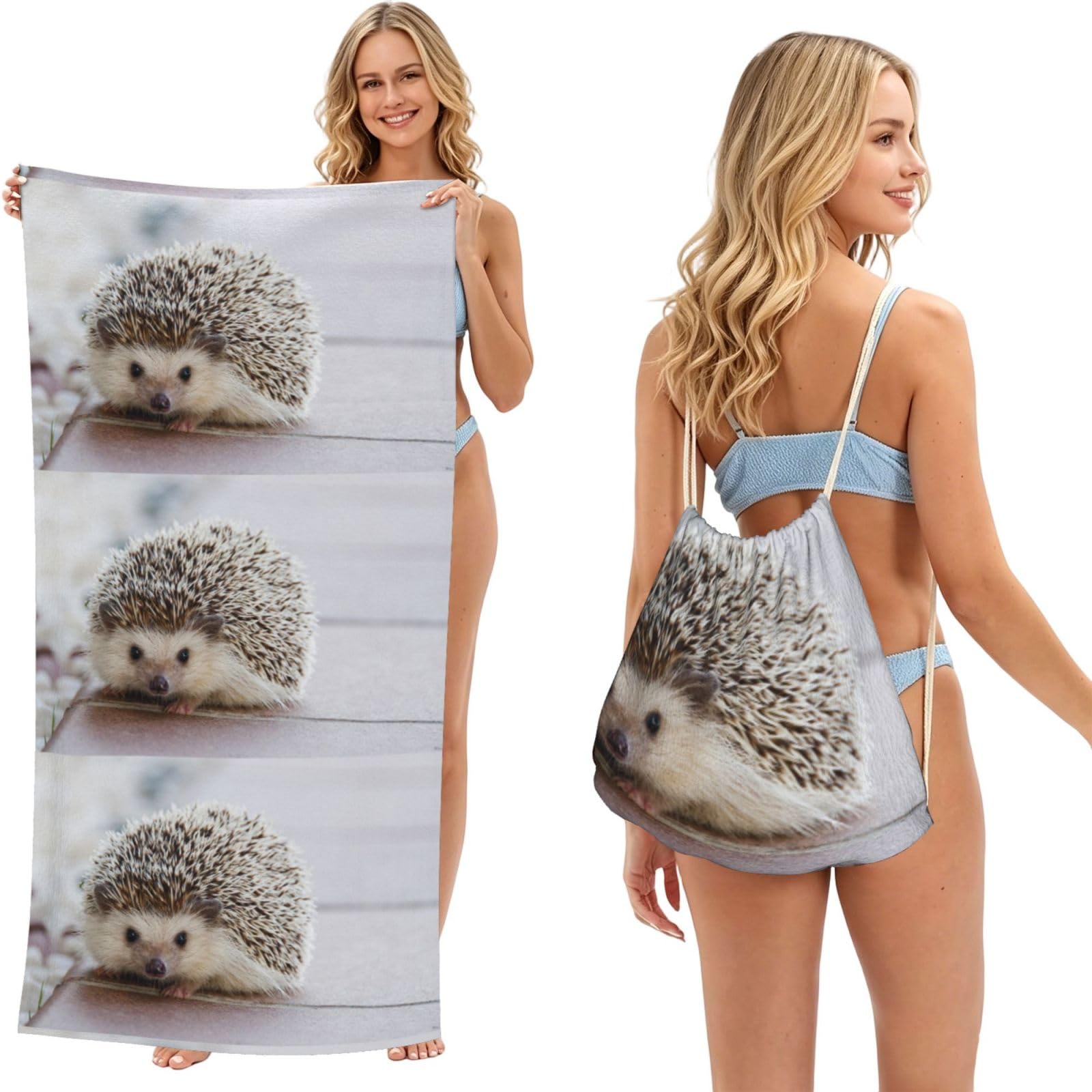 Poadnly Hedgehog Printed, 2 in 1 Packable Towel Bag, Beach Towels with Drawstring Backpack for Travel Holiday Camping