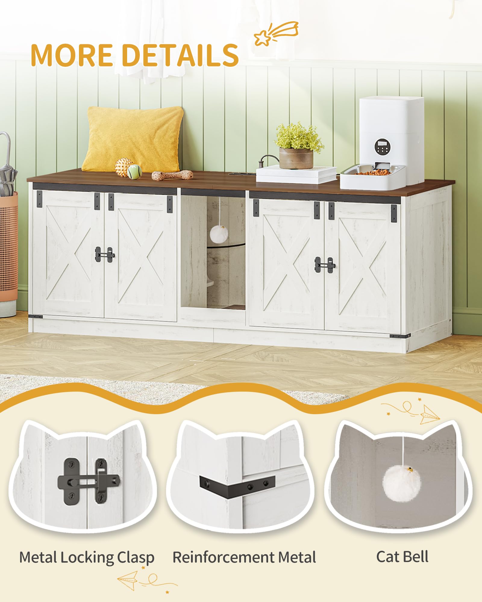 Hzuaneri Armario para Gatos, Mueble Arenero Gato con Puertos USB y Tomas de Corriente, Mueble Arenero Oculto de 140cm para 2 Gatos, Casa para Gato de Interior, Marrón Rústico y Blanco CB82514X