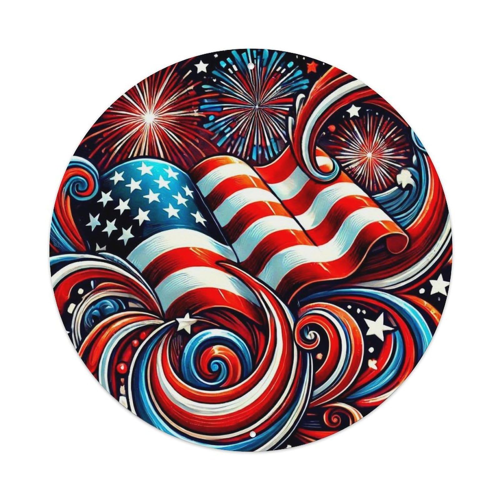 American Flag Fireworks Swirls Stars Metal Tin Sign Plaque