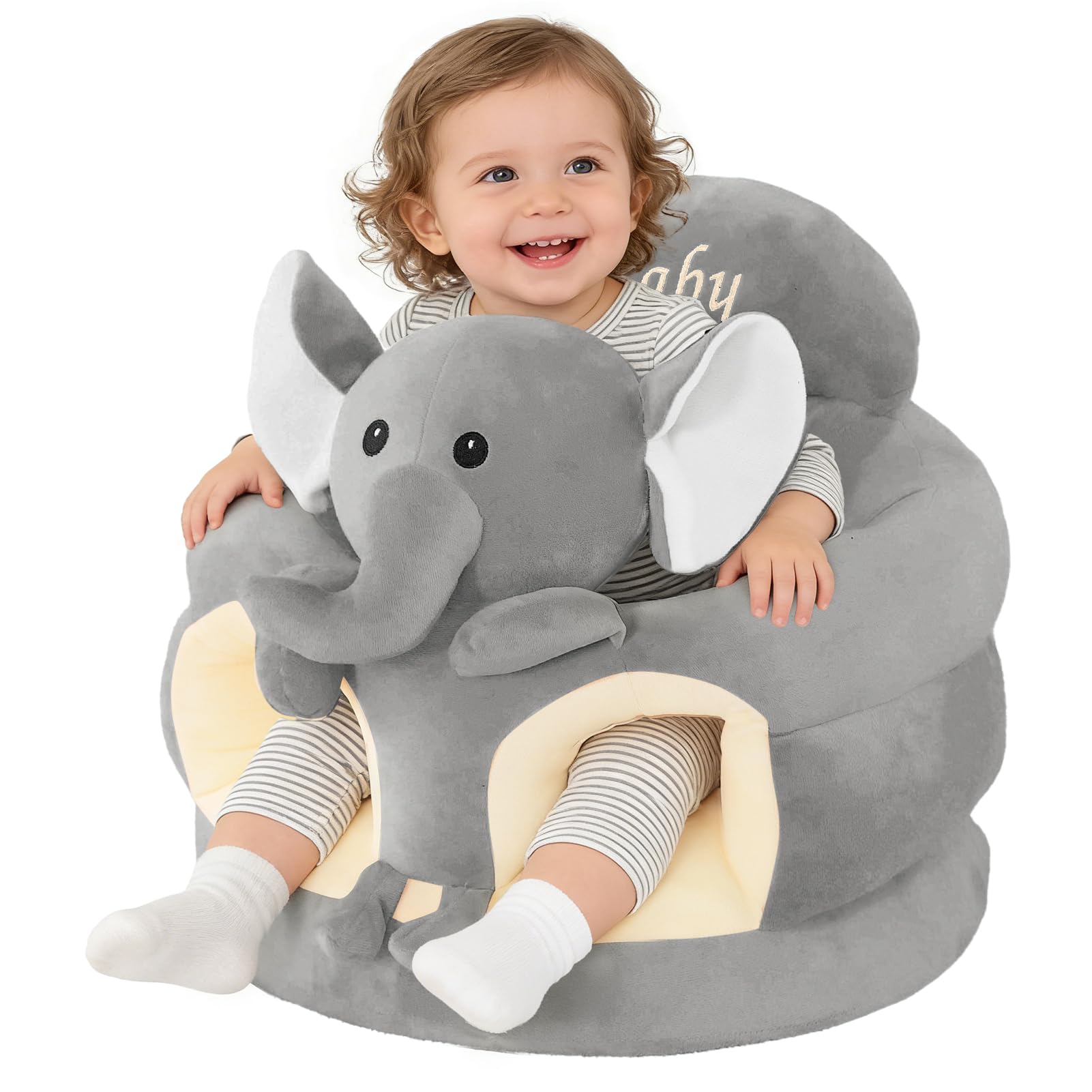 XIAPIA Plush Baby Sit-Up Floor Seat, Infant Support Chair, Grey Elephant