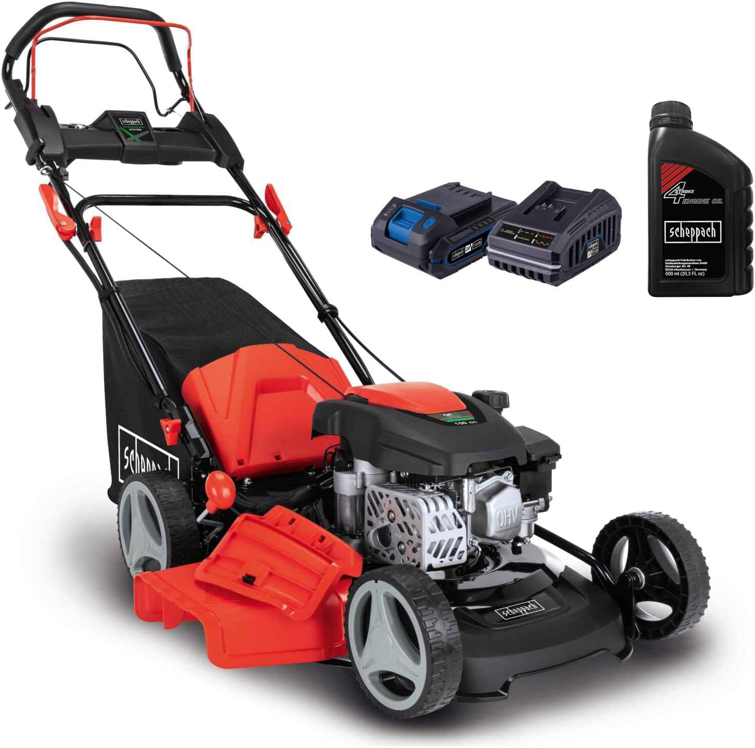 Scheppach Tondeuse à Gazon Thermique MS150-46E - Autotractée - 150 cm³ | Démarrage électrique - Moteur 4T - Largeur de Coupe 46cm - bac 55L - Fonction Mulching - Huile Incluse