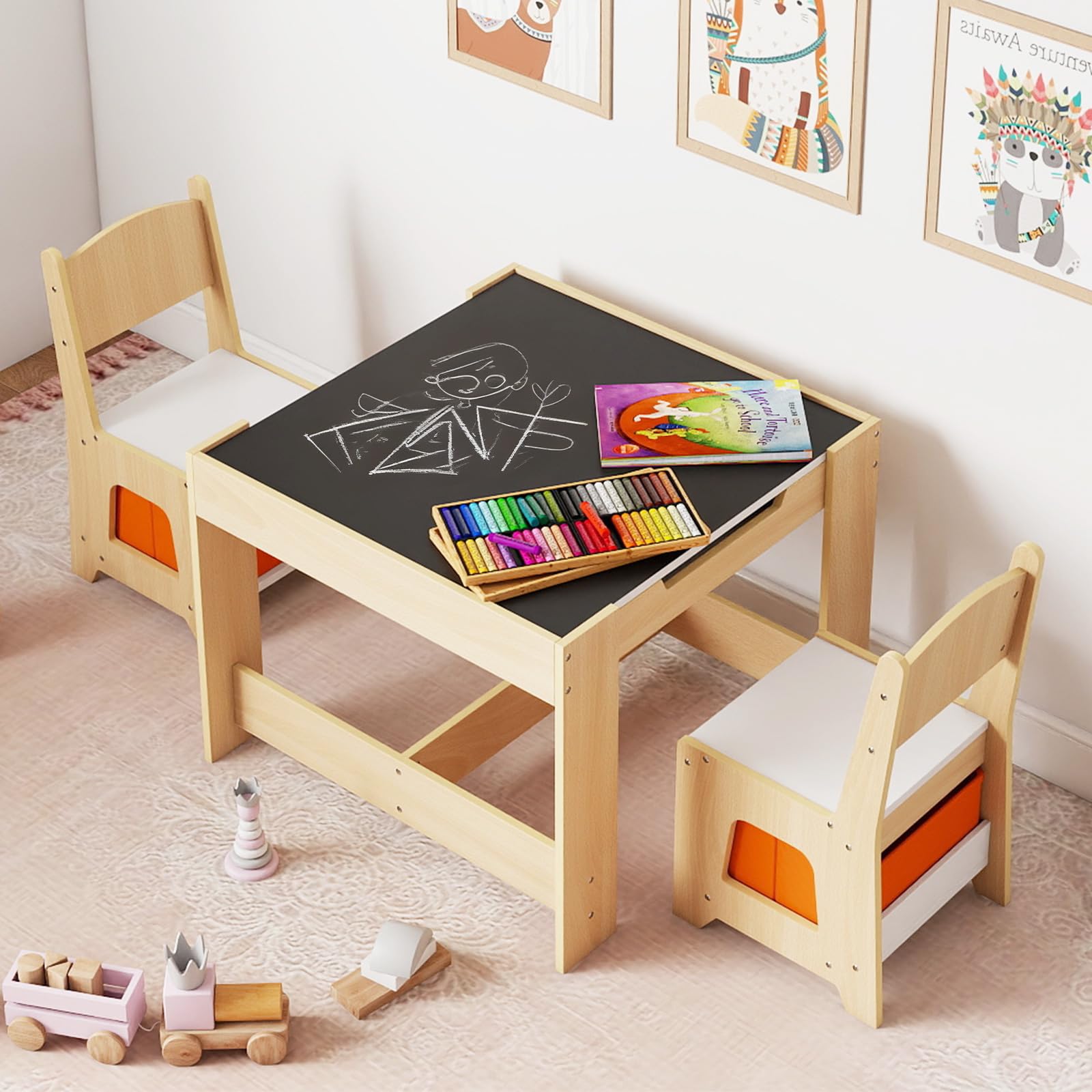 COSTWAY Juego de Mesa y Sillas Infantil, Mesa de Actividades 3 en 1 para Niños con Superficie Reversible y Cajas de Almacenaje, Set de Muebles Infantil de 3 Piezas (Naranja)