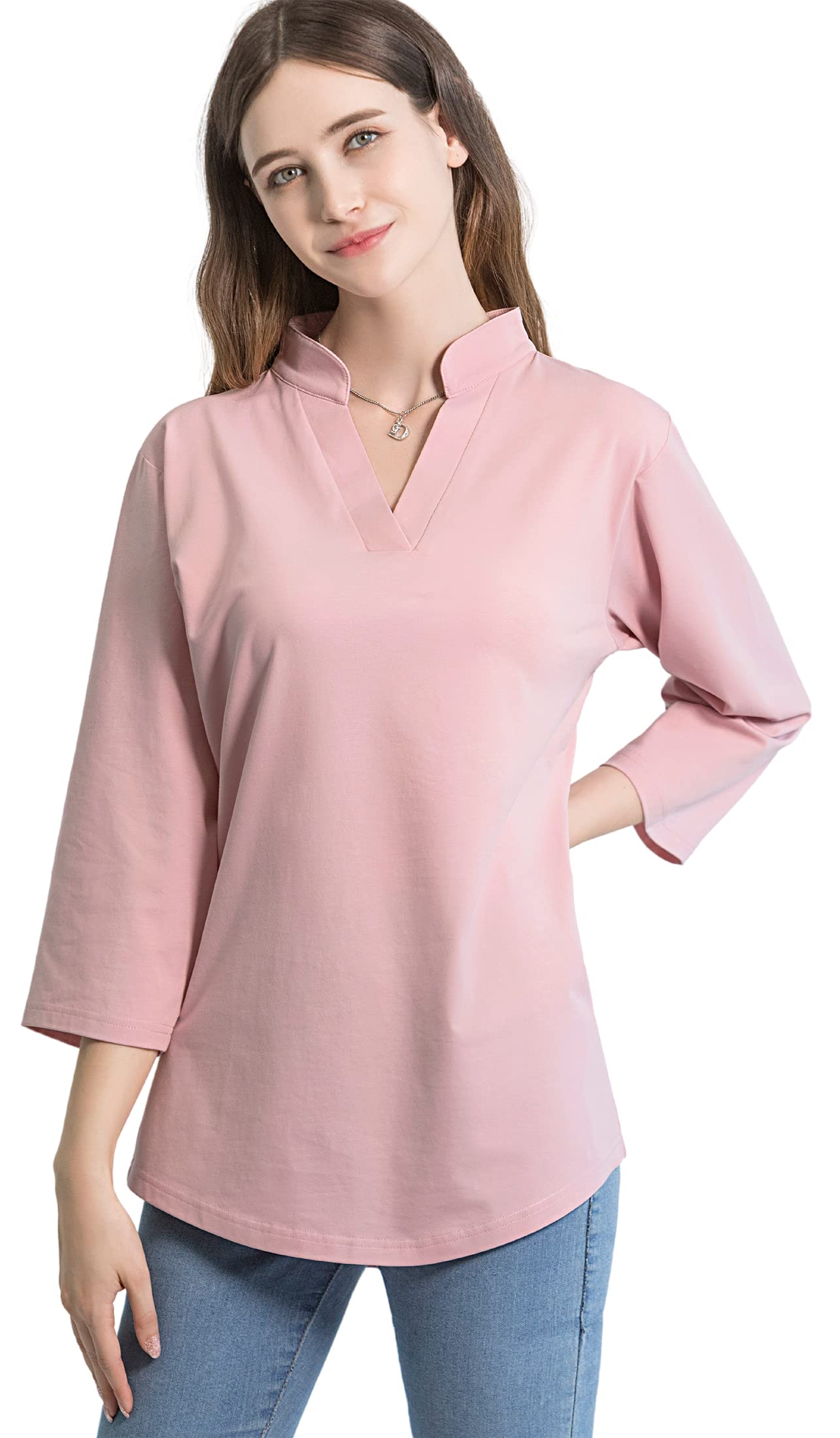 Tie G U Style Women's 3/4 Sleeve V Neck Stretch Loose Tunic Tops Casual Cotton Blouse Henley Collared Breathable Work Shirt
