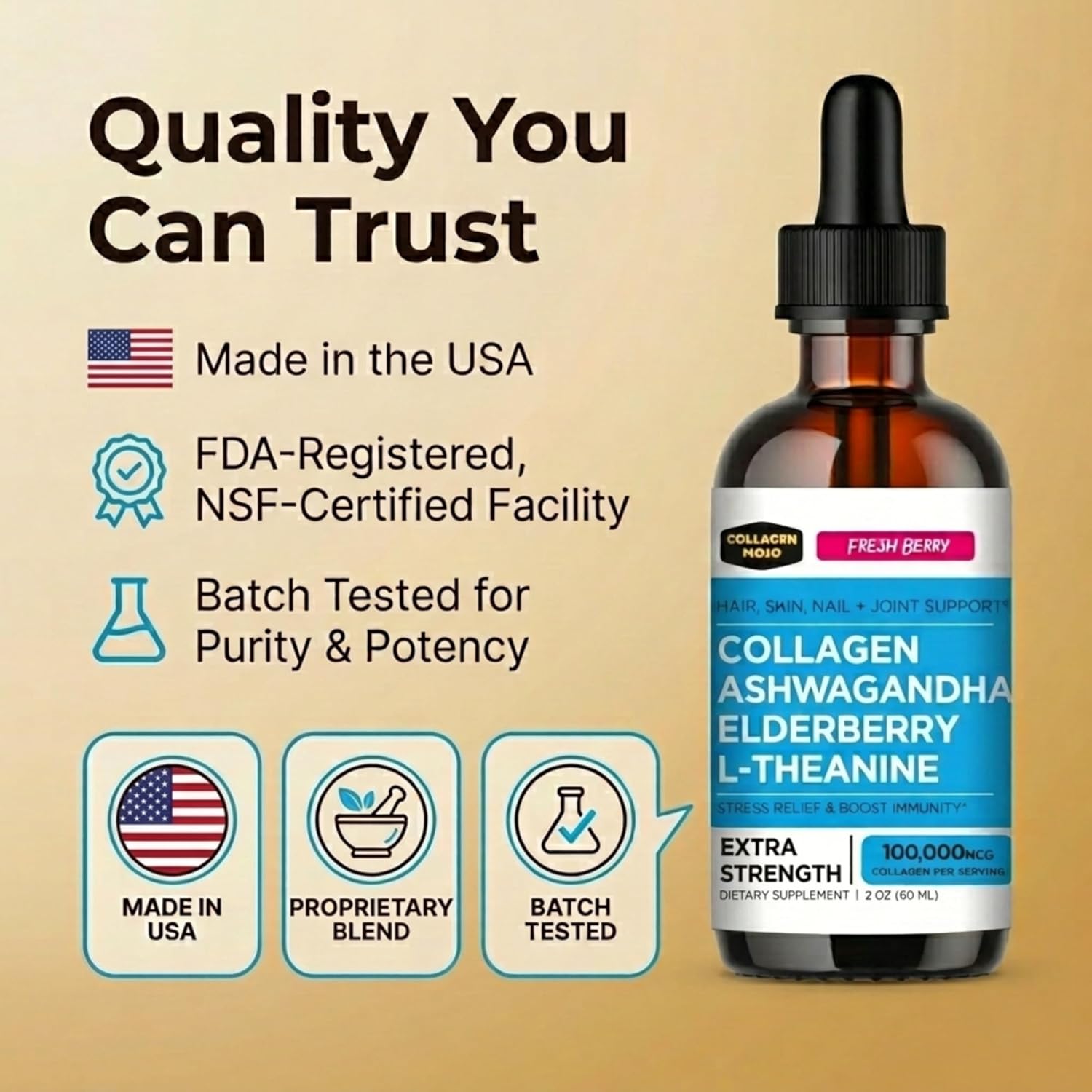 Collagen Mojo - Liquid Collagen for Women & Men, Collagen Peptides with Ashwagandha, Elderberry & L-Theanine - Hair, Skin, Nails, Joint & Stress Support, High Absorption - 100,000mcg, 2 Oz
