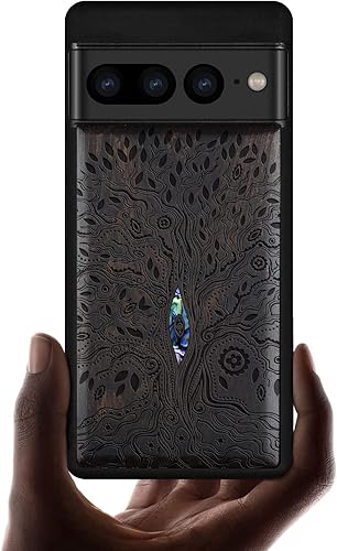 Carveit Funda de madera de diseñador para Google Pixel 7 Pro, grabado de madera e incrustaciones de concha, funda de madera única compatible con